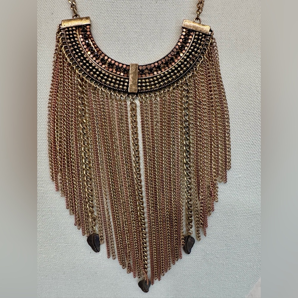 Boho Statement Bib Necklace 🌟 Multi-Chain Fringe Collar in Antique Gold